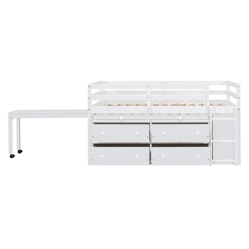 Lit mezzanine bas 1 personne/2 personnes avec bureau escamotable et 4 tiroirs, cadre de lit mezzanine en bois avec bureau latéral amovible et étagères