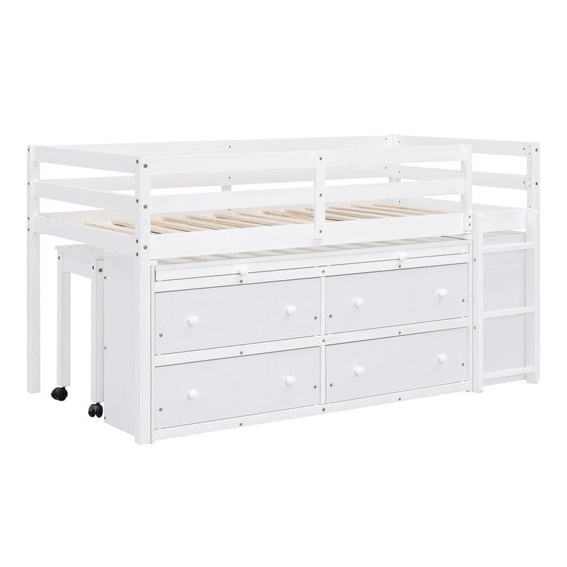 Lit mezzanine bas 1 personne/2 personnes avec bureau escamotable et 4 tiroirs, cadre de lit mezzanine en bois avec bureau latéral amovible et étagères
