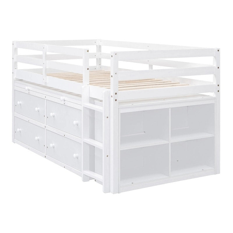 Lit mezzanine bas 1 personne/2 personnes avec bureau escamotable et 4 tiroirs, cadre de lit mezzanine en bois avec bureau latéral amovible et étagères