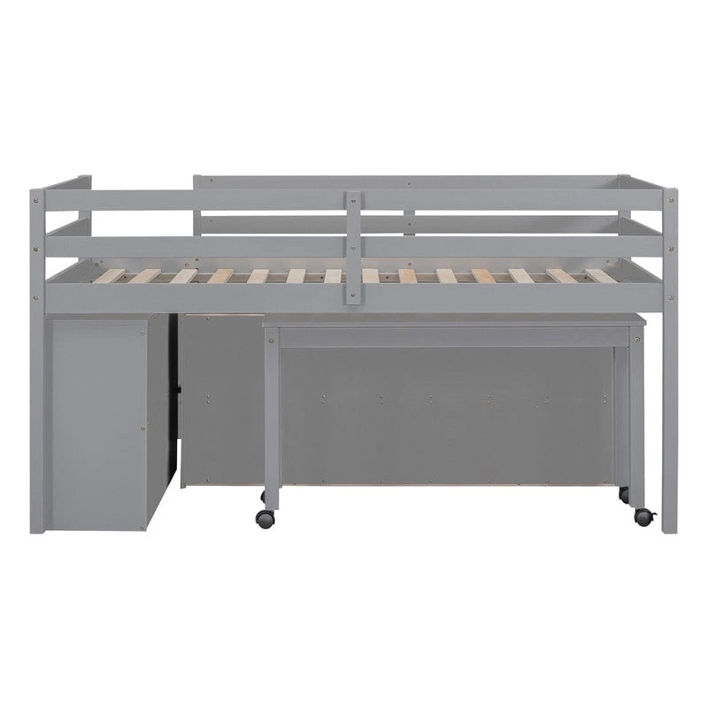 Lit mezzanine bas 1 personne/2 personnes avec bureau escamotable et 4 tiroirs, cadre de lit mezzanine en bois avec bureau latéral amovible et étagères