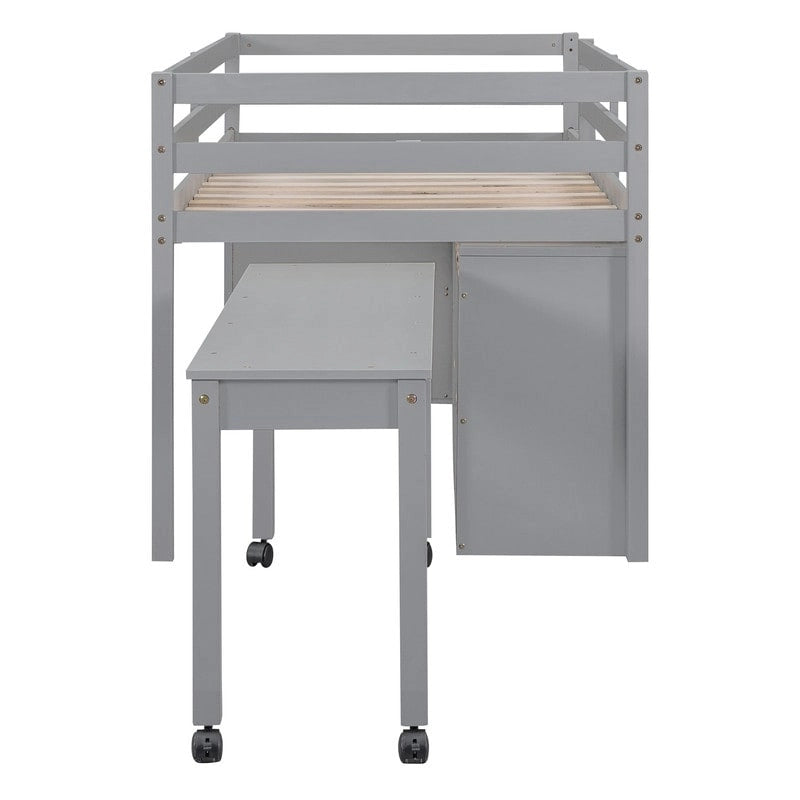 Lit mezzanine bas 1 personne/2 personnes avec bureau escamotable et 4 tiroirs, cadre de lit mezzanine en bois avec bureau latéral amovible et étagères