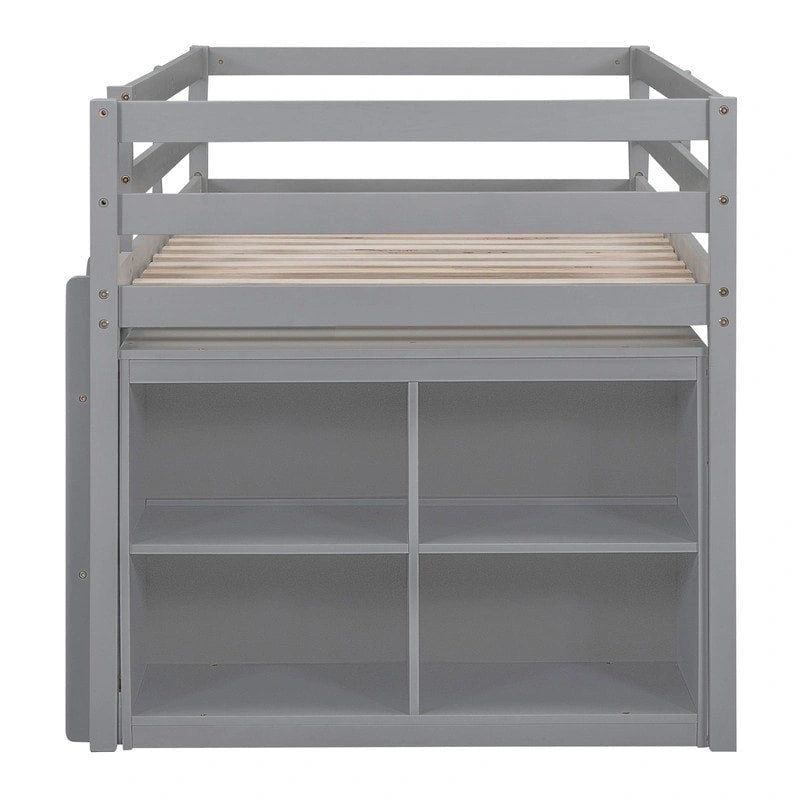 Lit mezzanine bas 1 personne/2 personnes avec bureau escamotable et 4 tiroirs, cadre de lit mezzanine en bois avec bureau latéral amovible et étagères