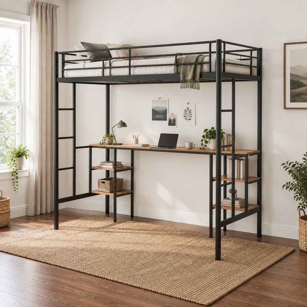 Cama alta de acero negro con mesa, ahorra espacio