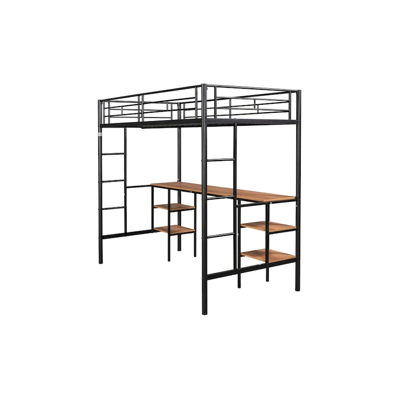 Cama alta de acero negro con mesa, ahorra espacio