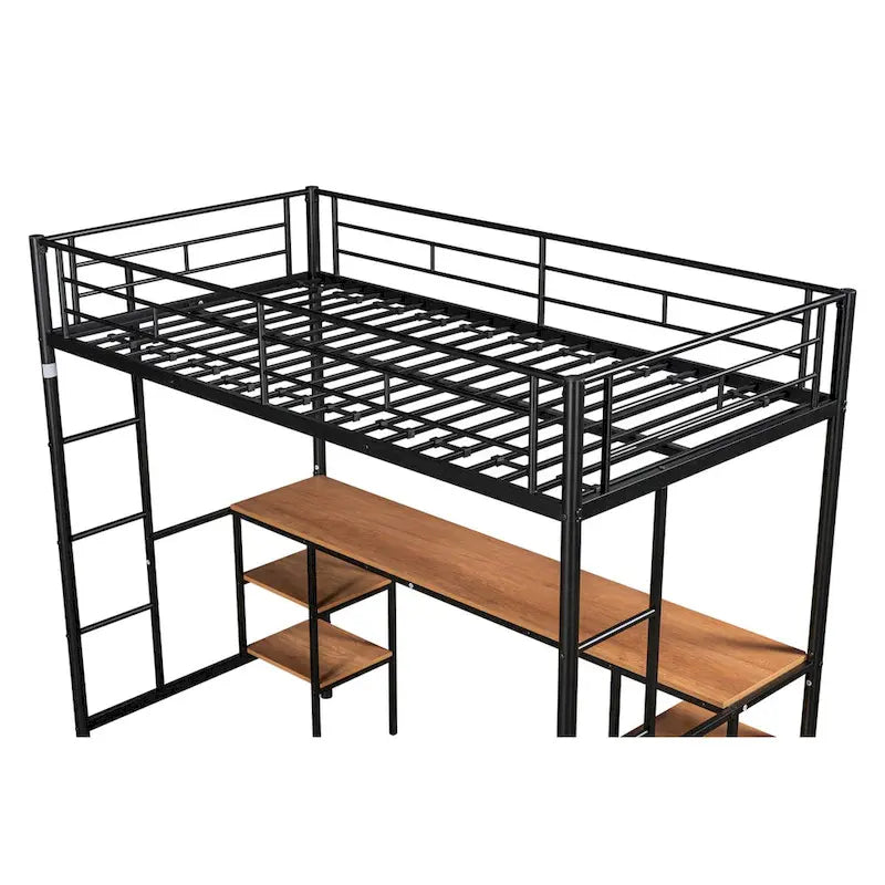 Cama alta de acero negro con mesa, ahorra espacio