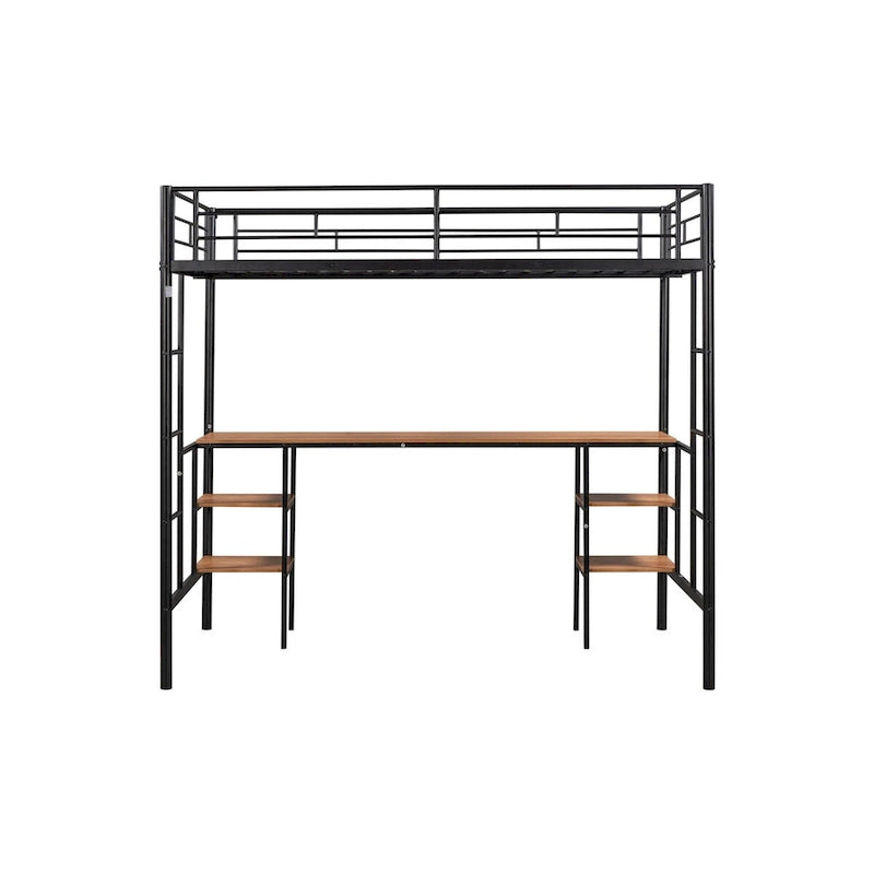 Cama alta de acero negro con mesa, ahorra espacio