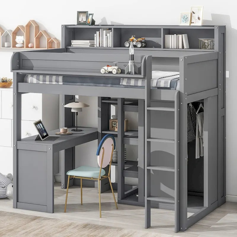 Cama alta de madera tamaño Twin con varios estantes de almacenamiento y armario