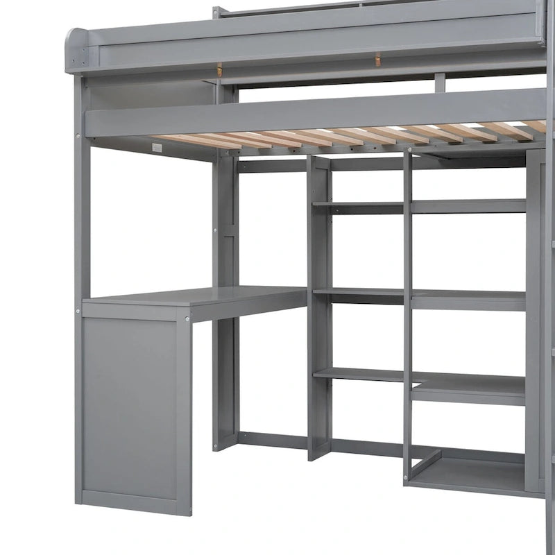 Cama alta de madera tamaño Twin con varios estantes de almacenamiento y armario
