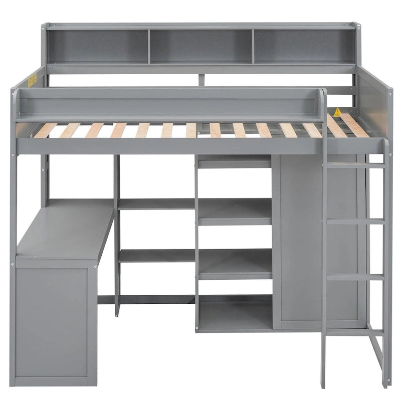 Cama alta de madera tamaño Twin con varios estantes de almacenamiento y armario