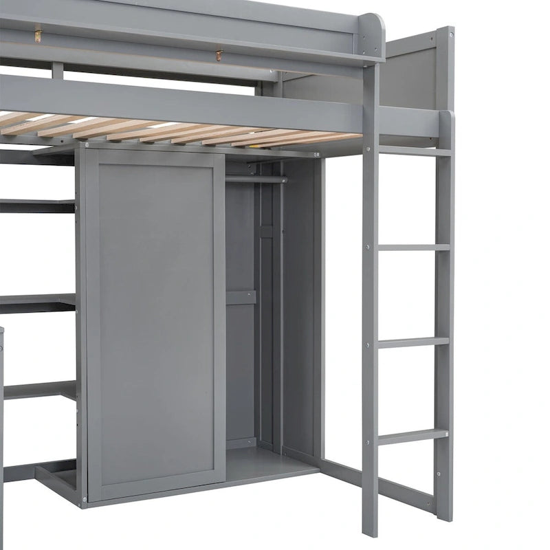 Cama alta de madera tamaño Twin con varios estantes de almacenamiento y armario