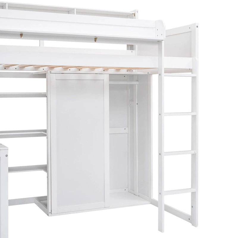 Cama alta de madera tamaño Twin con varios estantes de almacenamiento y armario