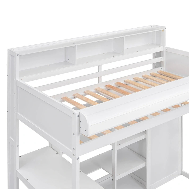 Cama alta de madera tamaño Twin con varios estantes de almacenamiento y armario