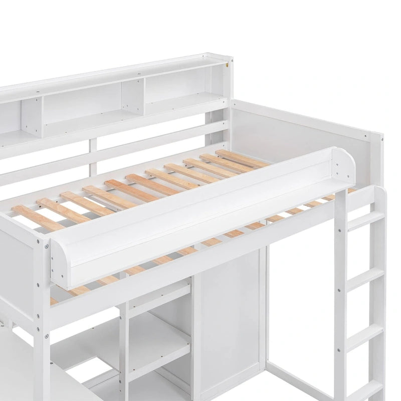 Cama alta de madera tamaño Twin con varios estantes de almacenamiento y armario
