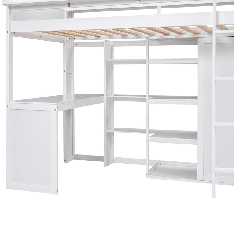 Cama alta de madera tamaño Twin con varios estantes de almacenamiento y armario