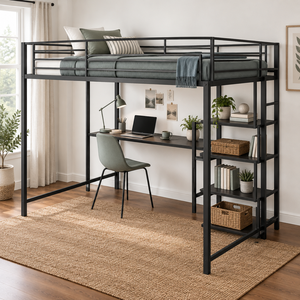 Cama alta metálica negra con escritorio, pizarra blanca y 3 estantes, incluye escalera