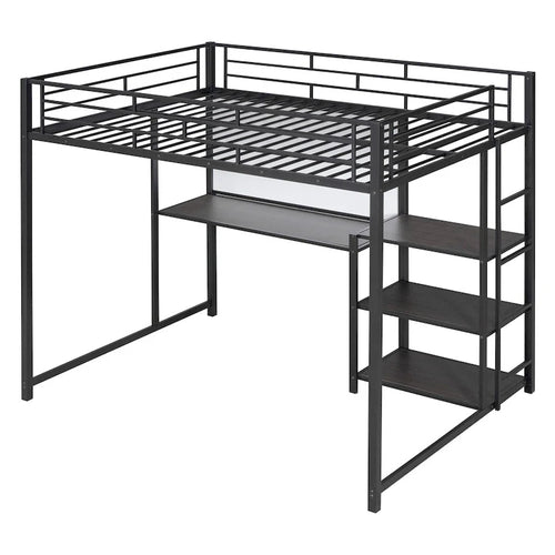Black Metal Loft Bed with Desk, Whiteboard, and 3 Shelves, Includes Ladder