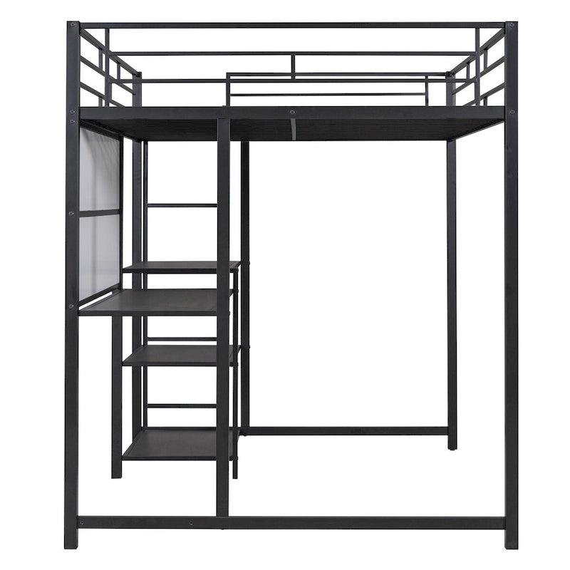 Cama alta metálica negra con escritorio, pizarra blanca y 3 estantes, incluye escalera