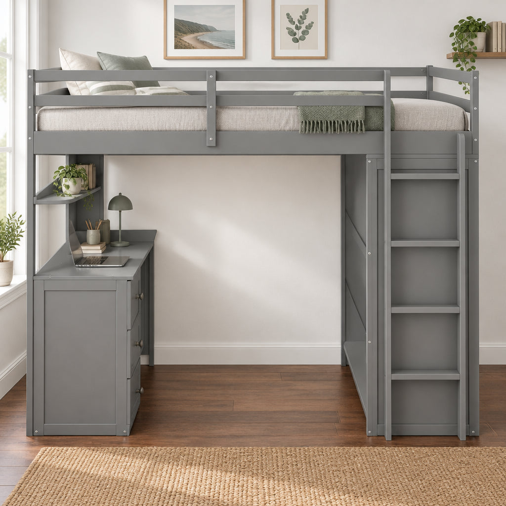 Full Size Wood Loft Bed with Integrated Drawers, Desk, and Wardrobe for Complete Storage Solution