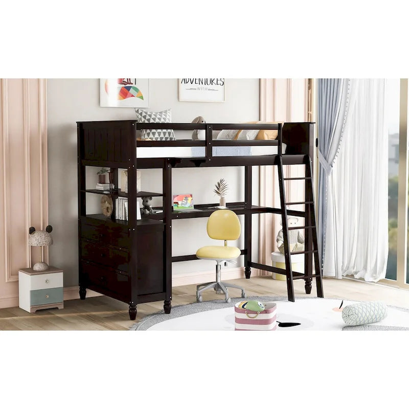 Cama alta de madera maciza de tamaño individual con cajones, escritorio y estantes - cama alta de madera que ahorra espacio - blanco/gris/negro