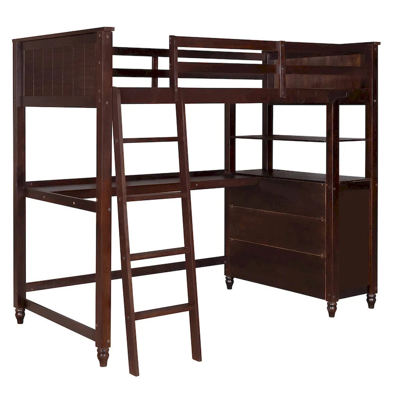 Cama alta de madera maciza de tamaño individual con cajones, escritorio y estantes - cama alta de madera que ahorra espacio - blanco/gris/negro
