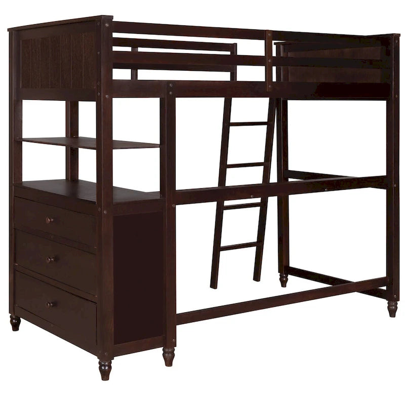 Cama alta de madera maciza de tamaño individual con cajones, escritorio y estantes - cama alta de madera que ahorra espacio - blanco/gris/negro