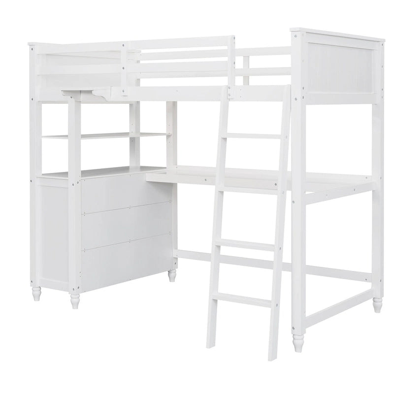 Cama alta de madera maciza de tamaño individual con cajones, escritorio y estantes - cama alta de madera que ahorra espacio - blanco/gris/negro