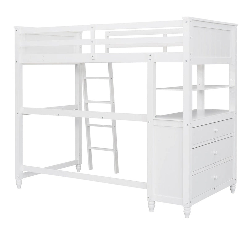 Cama alta de madera maciza de tamaño individual con cajones, escritorio y estantes - cama alta de madera que ahorra espacio - blanco/gris/negro