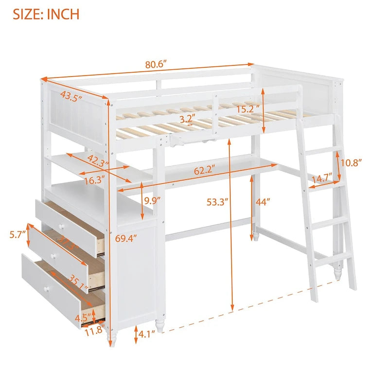Cama alta de madera maciza de tamaño individual con cajones, escritorio y estantes - cama alta de madera que ahorra espacio - blanco/gris/negro
