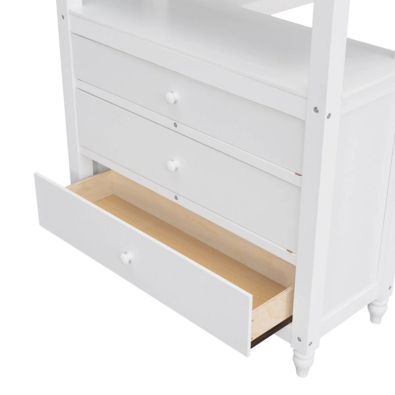 Cama alta de madera maciza de tamaño individual con cajones, escritorio y estantes - cama alta de madera que ahorra espacio - blanco/gris/negro