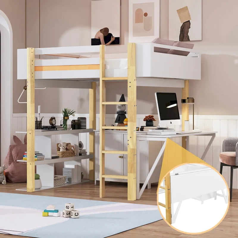 Letto a soppalco in legno matrimoniale con armadietto contenitore integrato, vani a cubo e scrivania