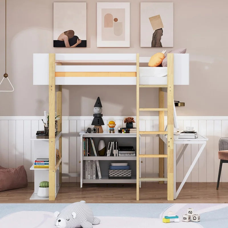 Letto a soppalco in legno matrimoniale con armadietto contenitore integrato, vani a cubo e scrivania