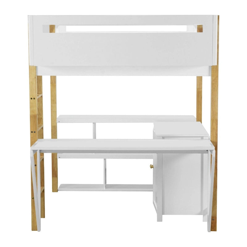 Letto a soppalco in legno matrimoniale con armadietto contenitore integrato, vani a cubo e scrivania