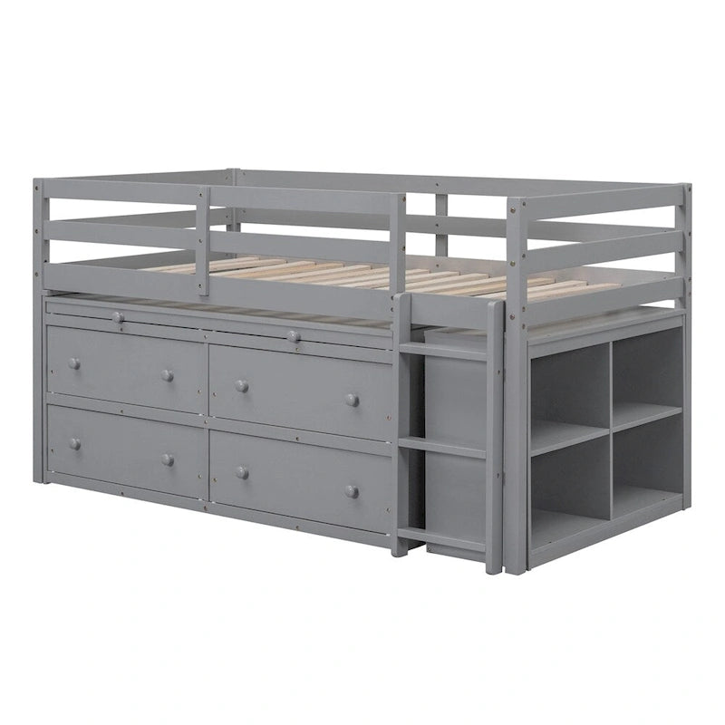 Lit mezzanine 1 place en bois avec bureau escamotable et 4 tiroirs