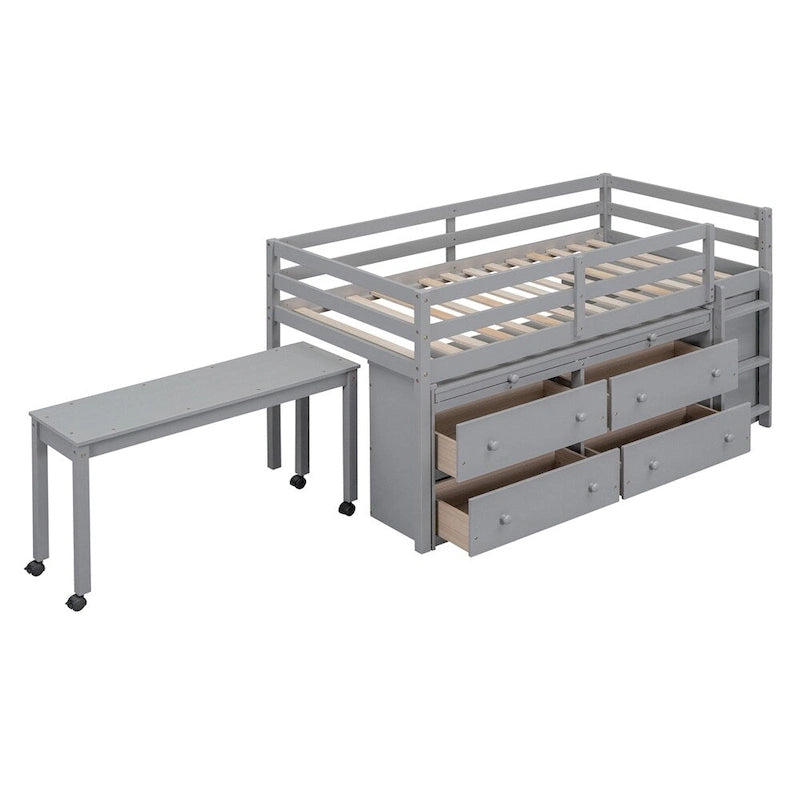 Lit mezzanine 1 place en bois avec bureau escamotable et 4 tiroirs