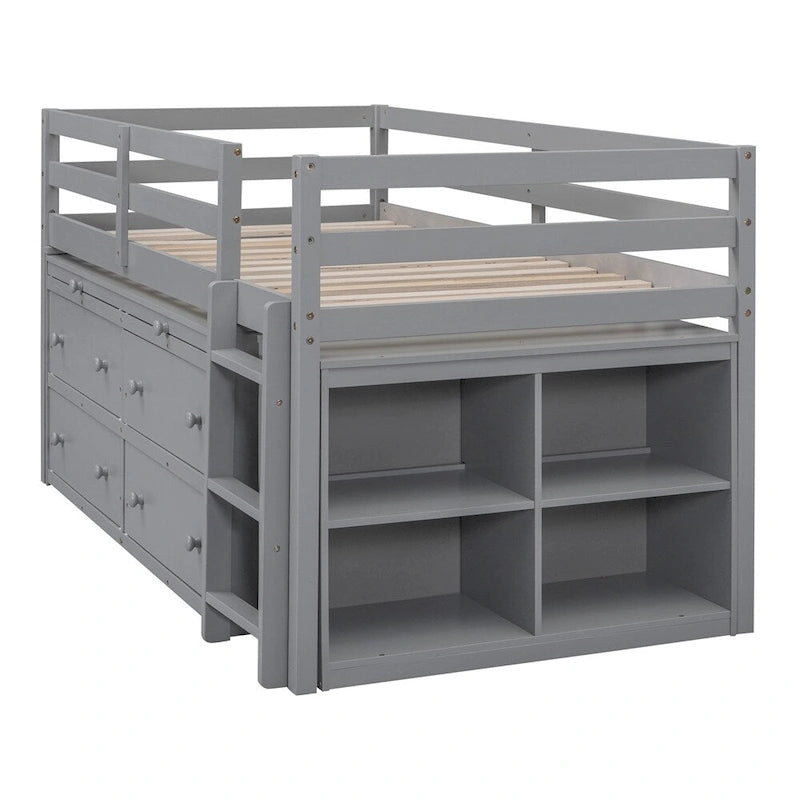 Lit mezzanine 1 place en bois avec bureau escamotable et 4 tiroirs