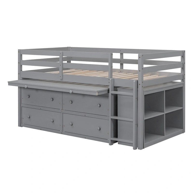 Lit mezzanine 1 place en bois avec bureau escamotable et 4 tiroirs