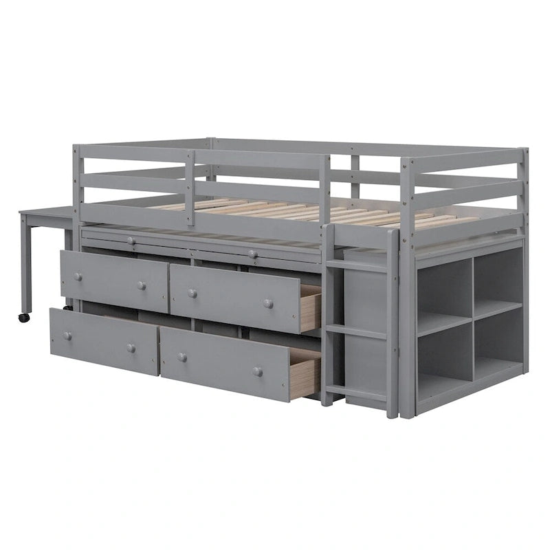 Lit mezzanine 1 place en bois avec bureau escamotable et 4 tiroirs