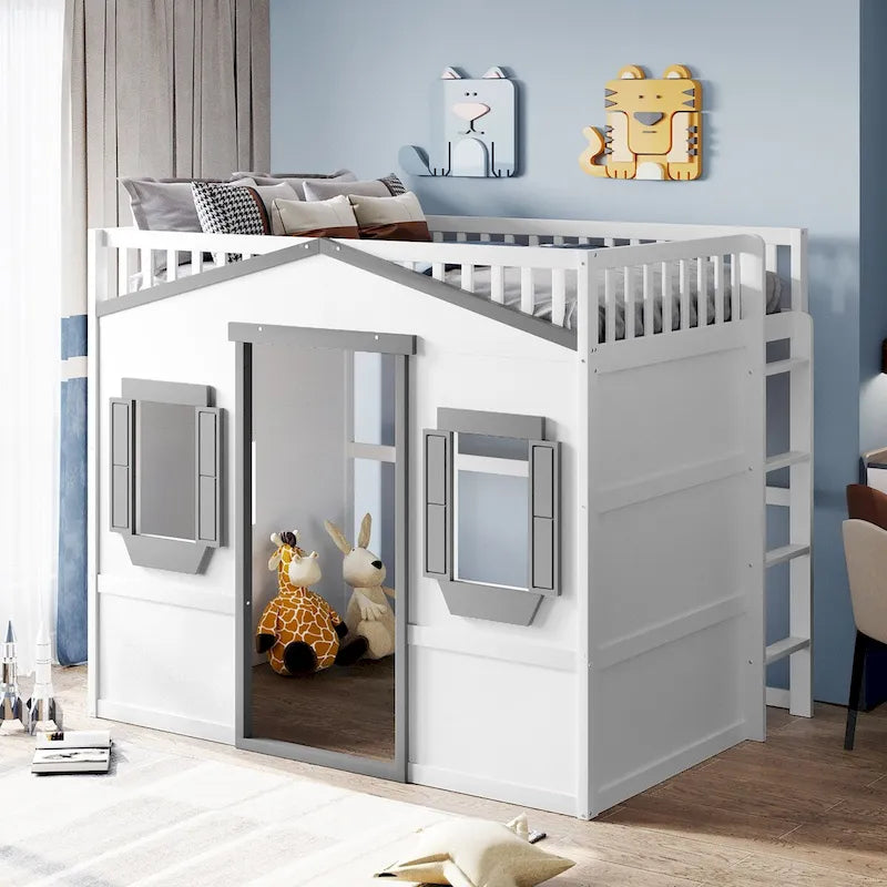 Solid Wood Full Size House Loft Bed with Ladder and Underbed Space