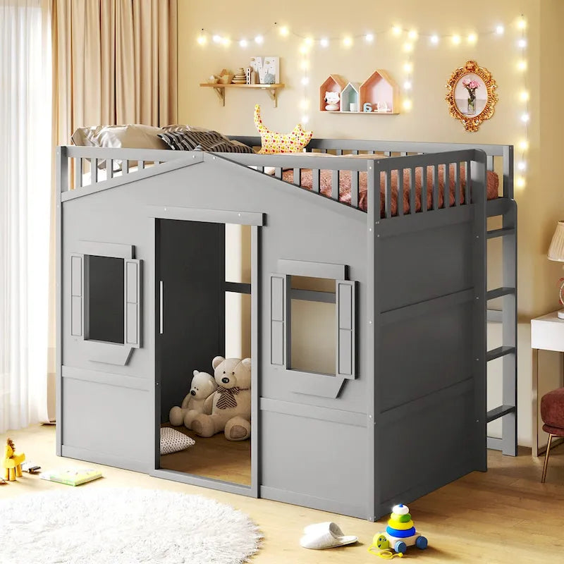 Solid Wood Full Size House Loft Bed with Ladder and Underbed Space