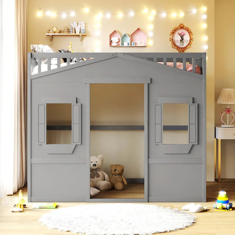 Solid Wood Full Size House Loft Bed with Ladder and Underbed Space