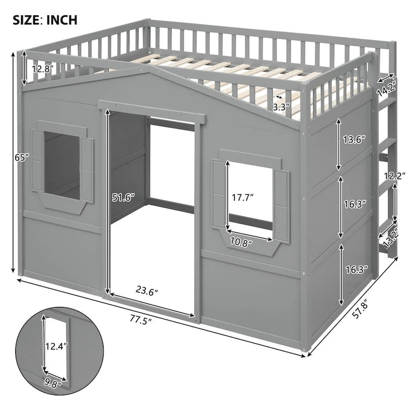 Solid Wood Full Size House Loft Bed with Ladder and Underbed Space