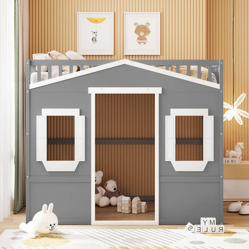 Solid Wood Full Size House Loft Bed with Ladder and Underbed Space