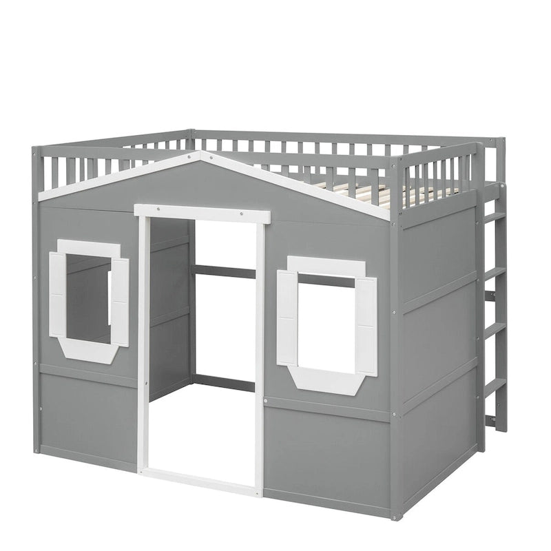 Solid Wood Full Size House Loft Bed with Ladder and Underbed Space