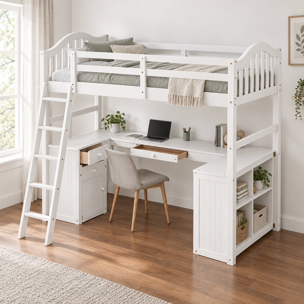 Wooden Loft Bed with Drawers, Cabinet, Shelves and Desk