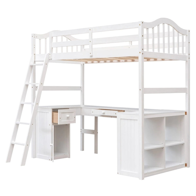 Cama alta de madera con cajones, armario, estantes y escritorio