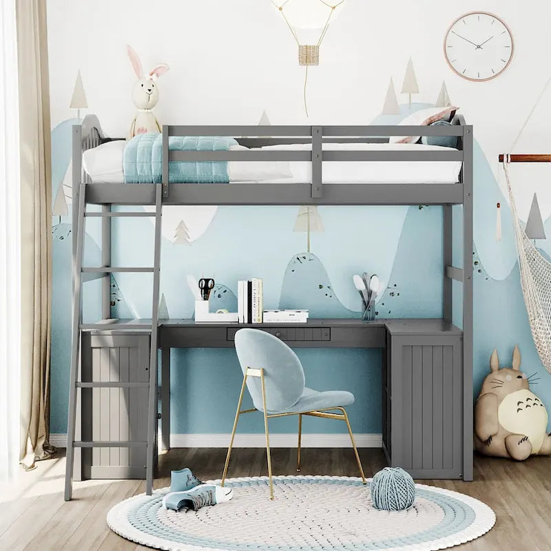 Cama alta de madera con cajones, armario, estantes y escritorio