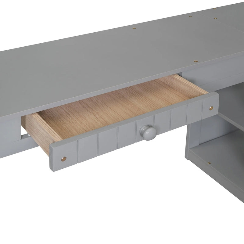 Cama alta de madera con cajones, armario, estantes y escritorio