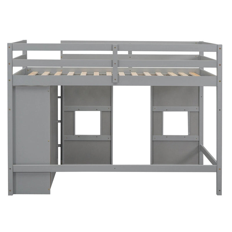 Cama alta de madera tamaño Twin con armario de almacenamiento integrado y 2 ventanas