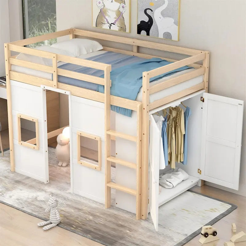 Cama alta de madera tamaño Twin con armario de almacenamiento integrado y 2 ventanas