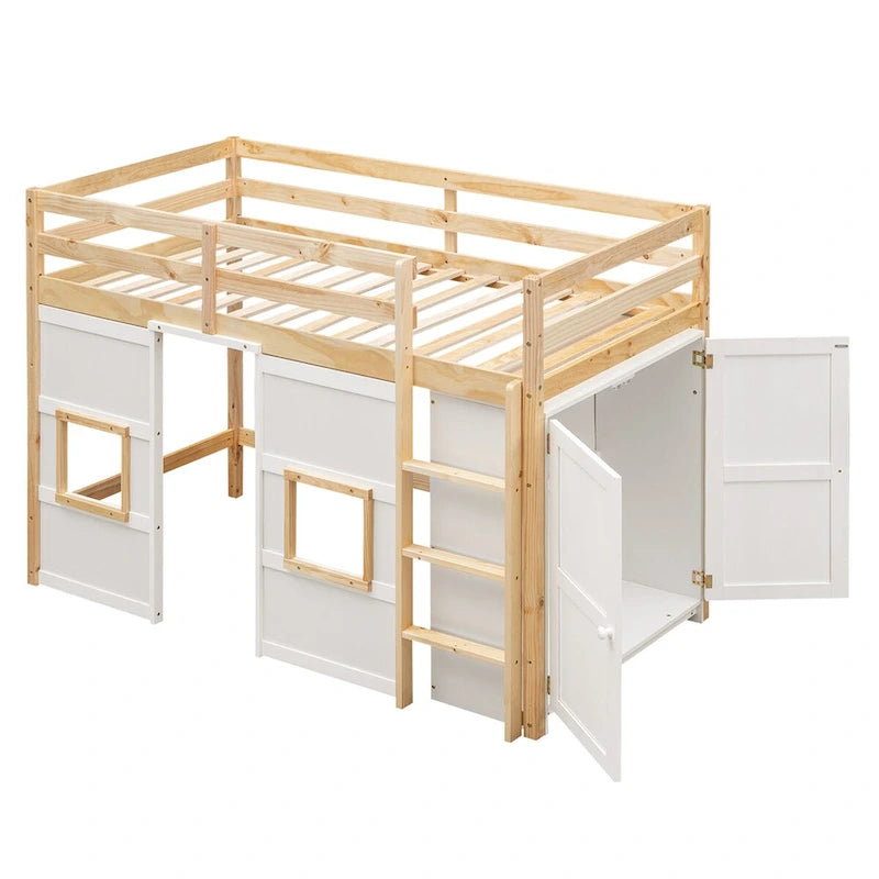 Cama alta de madera tamaño Twin con armario de almacenamiento integrado y 2 ventanas
